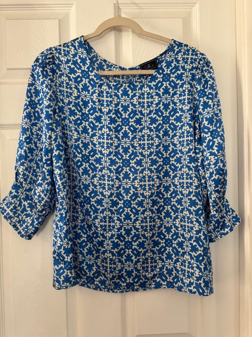 Blue & White Floral Print Blouse | 3/4 Sleeve | Size L
